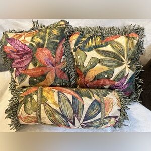 Vintage Tropical Fringe Pillow Set 3 Botanical Floral Bolster Decor Boho